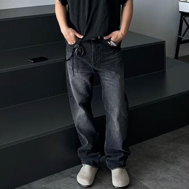 Men's Black Washed Straight Leg Trousers Summer High Street Trendy Distressed Wide Leg Floor Length Loose Fit American Brand_mkmklike.com