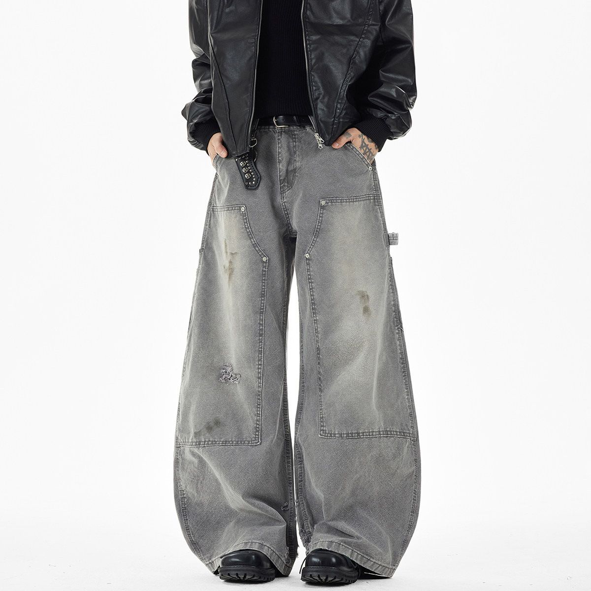 Men's Patchwork Logging Jeans High Street Fashion Mid Waist Straight Loose Trousers Retro Curved Blade Design Machine Washable_mkmklike.com