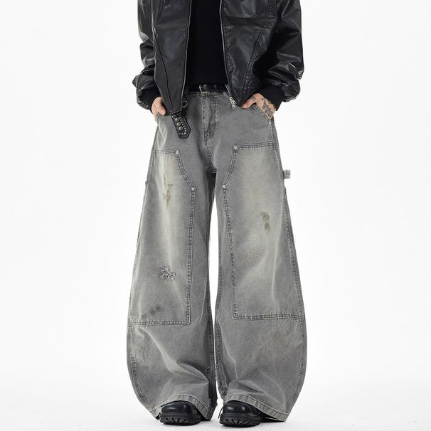 Men's Patchwork Logging Jeans High Street Fashion Mid Waist Straight Loose Trousers Retro Curved Blade Design Machine Washable_mkmklike.com