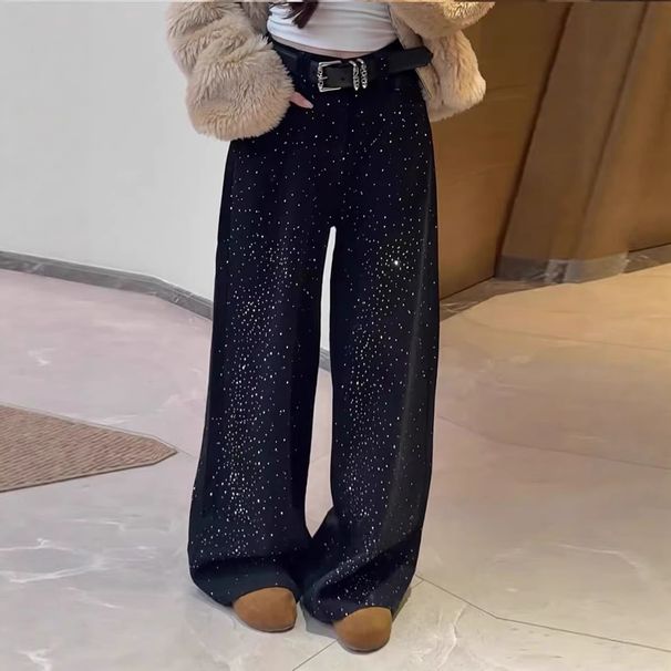 Women's Clothing Women's Rhinestone Patchwork Denim Jeans Sexy Loose Fitting Relaxed Retro Starry Floor Length Pants_mkmklike.com