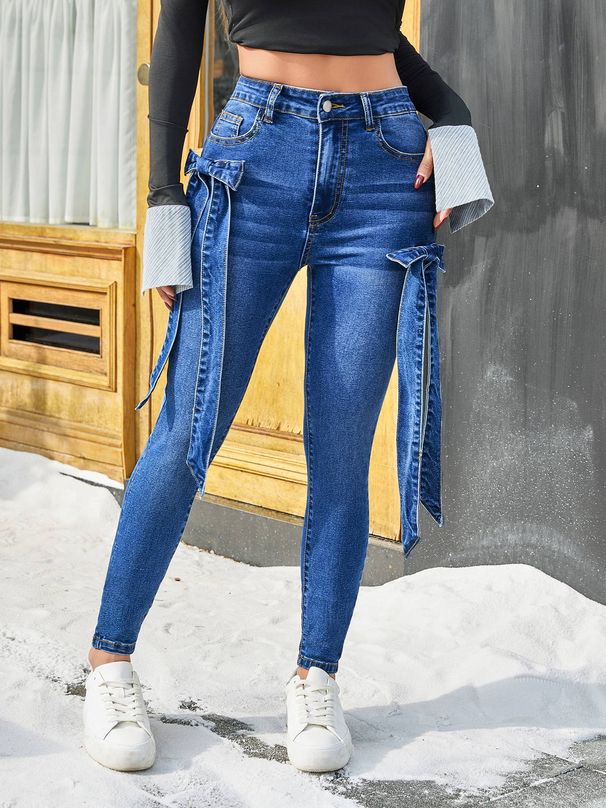 Women's Clothing Denim Trousers Asymmetric DIY Bow Decoration Stretch Trousers_mkmklike.com