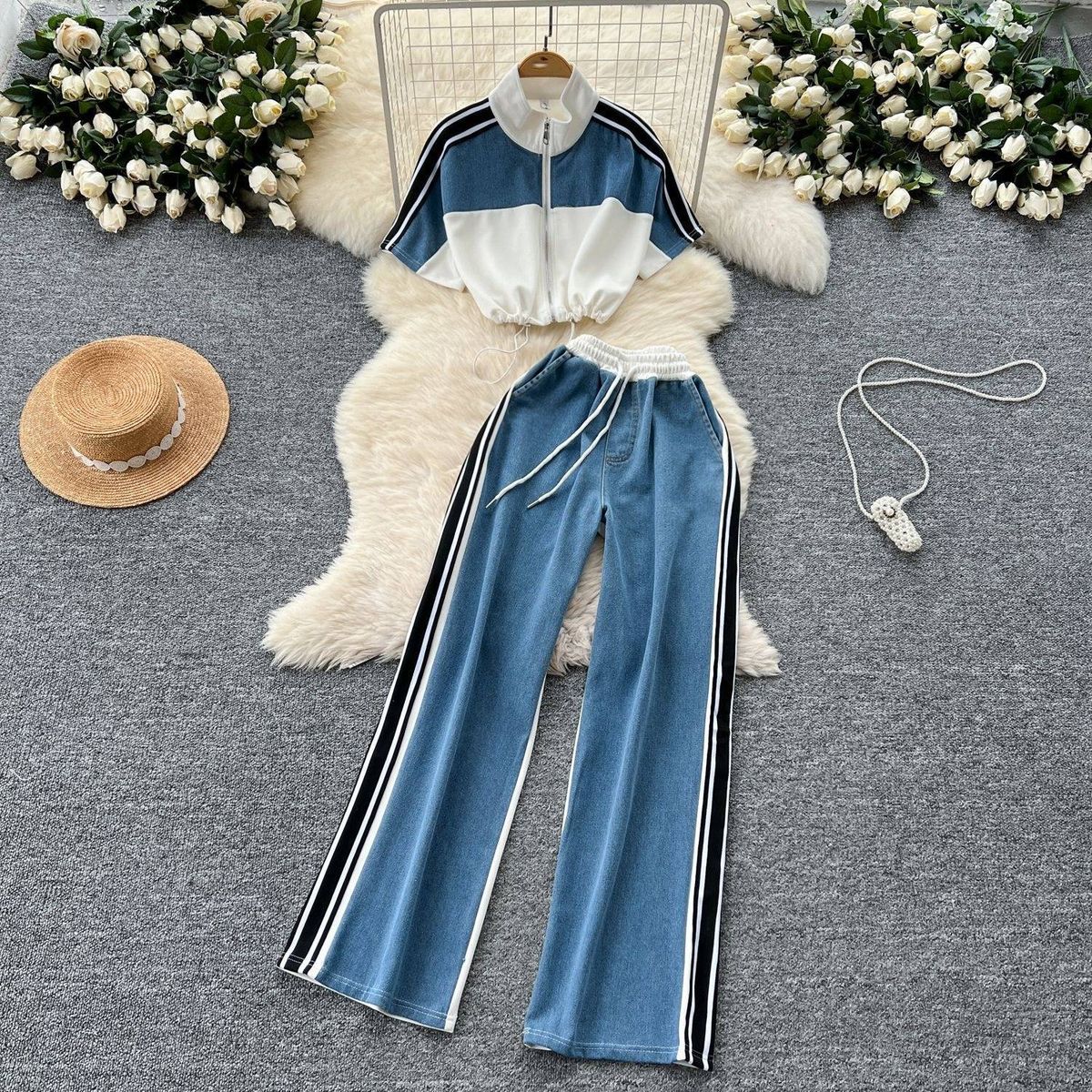Women's Clothing Fashion Suit For Women Drawstring Waist Short Contrast Color Stand Collar Top High Waist Denim Wide Leg Pants_mkmklike.com