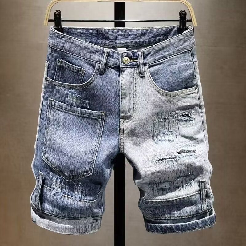Ripped Denim Shorts For Men In Summer, Thin Print, Scraped And Slim Fit, Versatile Korean Style Trendy Cropped Pants_mkmklike.com