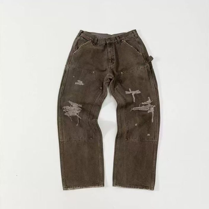 Trendy High Street Distressed Vintage Cargo Pants With Splatter Paint Design, Unisex_mkmklike.com