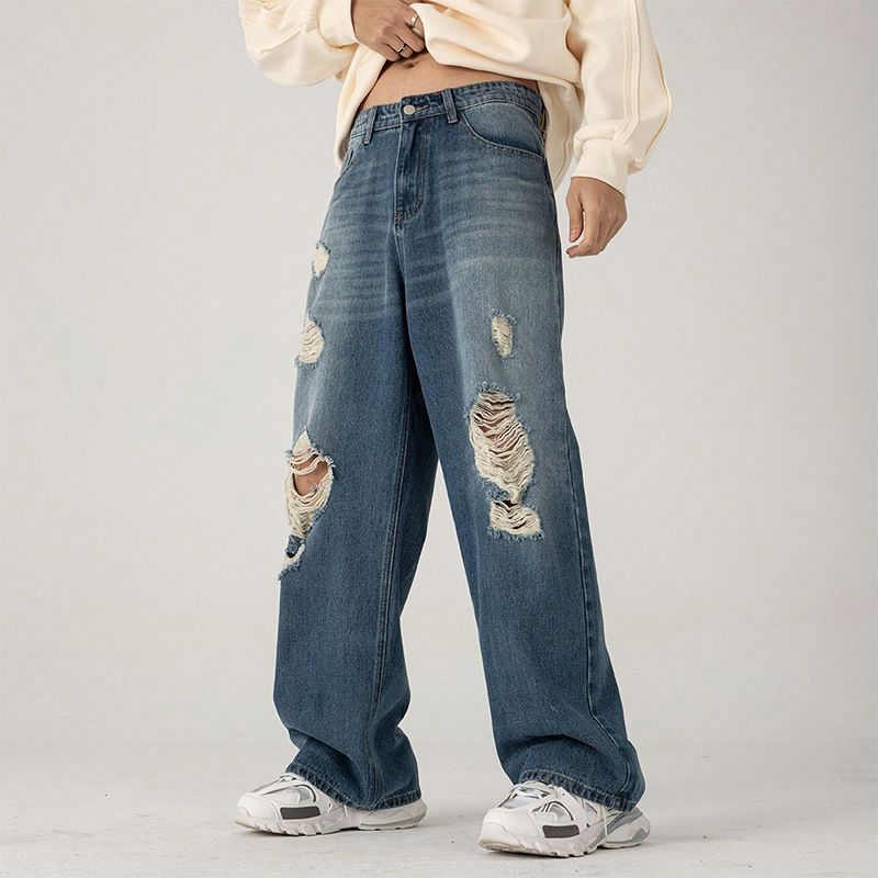 Men's Clothing Ripped Jeans For Men Ins Street Style Retro Loose Washed Wide Leg Denim Mopping Handsome Loose Straight Pants_mkmklike.com