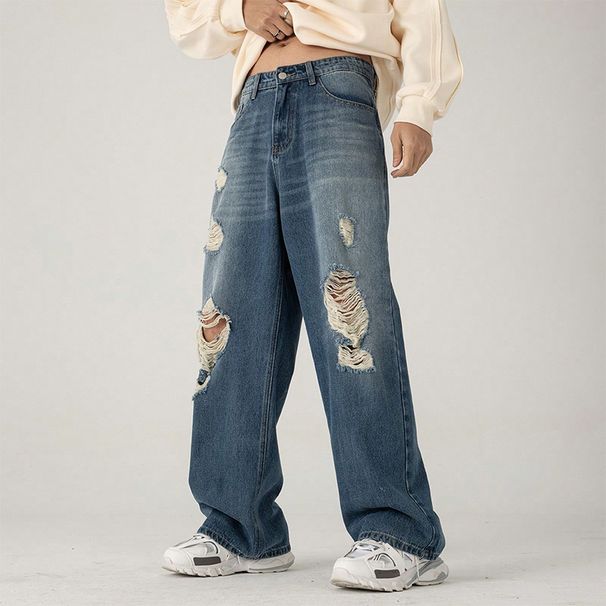 Men's Clothing Ripped Jeans For Men Ins Street Style Retro Loose Washed Wide Leg Denim Mopping Handsome Loose Straight Pants_mkmklike.com