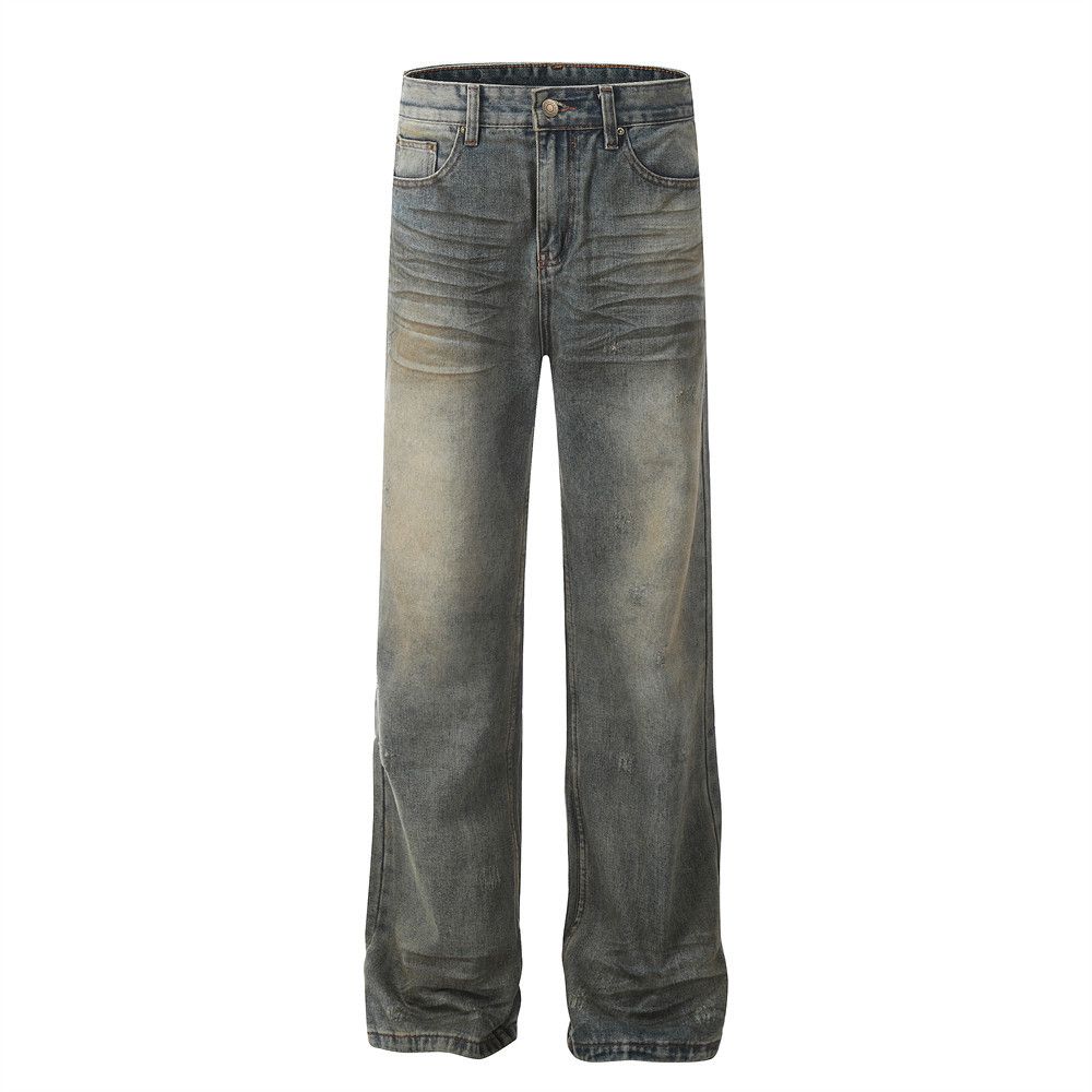 Punk Wasteland Distressed Jeans For Men Heavy-Duty Vintage Ripped Loose Straight-Leg Pants Trendy Niche Design_mkmklike.com
