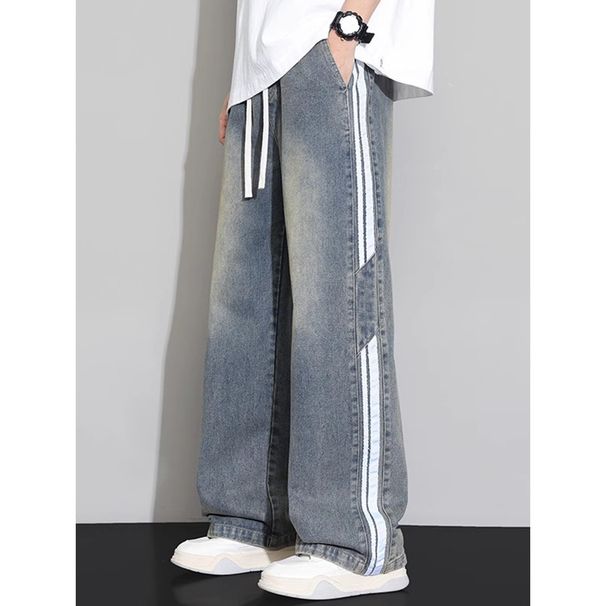 Light Blue Heavyweight Jeans Lightning Bolt Pattern Straight Leg Washed Gradient Flared Trousers American High Street Style_mkmklike.com