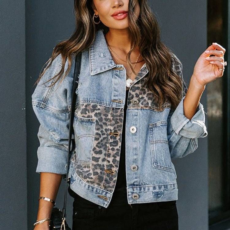 Women's Clothing New Autumn And Winter Denim Jacket Women's Long Sleeved Jacket Women's Leopard Print Patchwork Jacket_mkmklike.com