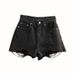Women’s High-Waisted Distressed Denim Shorts – Frayed Hem & Button Details, Summer Casual Shorts In Black & More_mkmklike.com