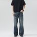 Men's Slim Fit Flared Jeans American Style Washed Natural Hand Painted Whiskered Cleanfit Trousers_mkmklike.com