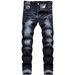 Men's Slim Fit Stretch Ripped Jeans Dark Blue Multi Layered Design Trousers_mkmklike.com