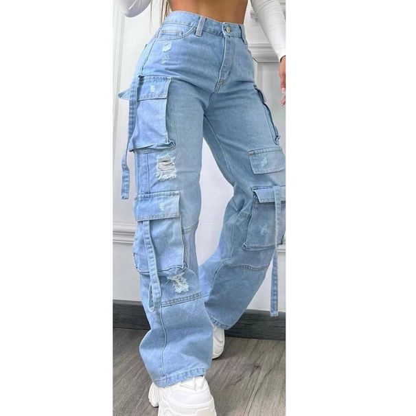 Women's Clothing New Fashion Solid Color All Match Large Size High Waist Multi Pocket Casual Workwear Denim Trousers For Women_mkmklike.com