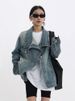 Unisex Distressed Denim Jacket – Oversized Cropped Fit With Asymmetrical Wash & Stand Collar (S-XL, Streetwear Style)_mkmklike.com