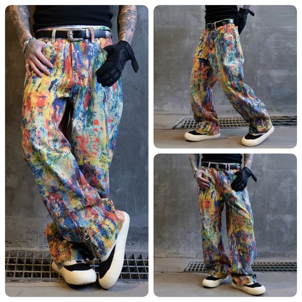 Men's Clothing Men's Premium Graffiti-Print Straight-Leg Jeans – Oversized Fit, Artistic Paint Splatter Design, Cotton Denim (S-3XL, Multi-Color)_mkmklike.com
