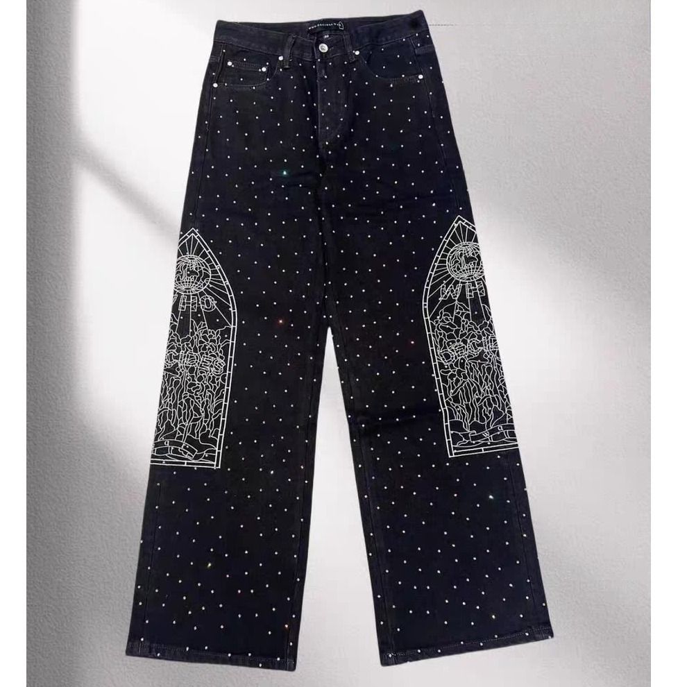 New Straight Loose Black Jeans Diamond Multi Pocket Hot Full Diamond Detailing From American High Street Fashion_mkmklike.com