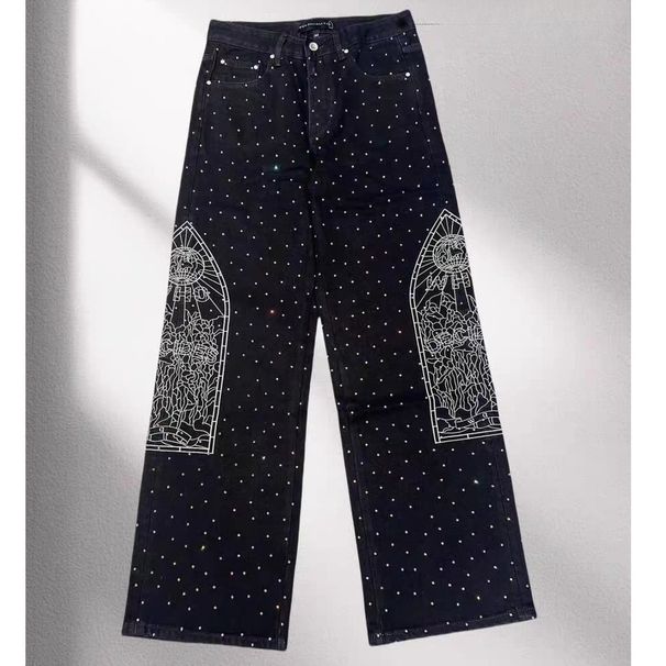 New Straight Loose Black Jeans Diamond Multi Pocket Hot Full Diamond Detailing From American High Street Fashion_mkmklike.com
