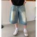 Unisex Vintage Washed Denim Bermuda Shorts Relaxed Fit Mid-Length Cargo Pants Raw Hem Blue S-3XL_mkmklike.com