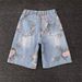 Summer Retro Floral Print Ripped Denim Shorts Men's Distressed Trendy Loose Straight Leg Washed Five-point Pants_mkmklike.com