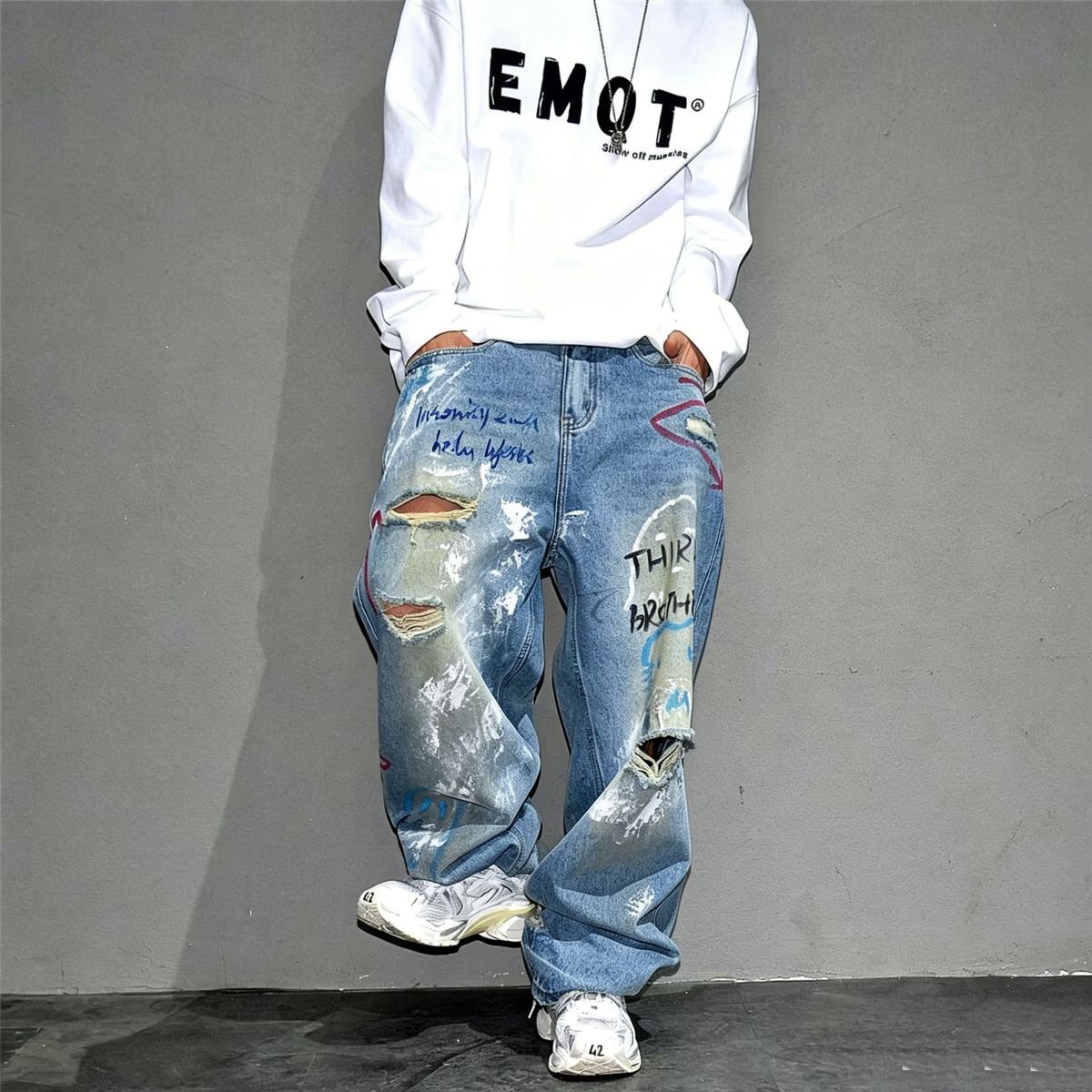 Men's Clothing Vibe High Street Personality Graffiti Loose Ripped Beggar Jeans Men's Niche Cool Wide Leg Trousers_mkmklike.com