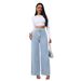 Women's High-Waisted Double Button Elastic Waist Wide Leg Jeans Light Blue Washed Casual Trousers_mkmklike.com