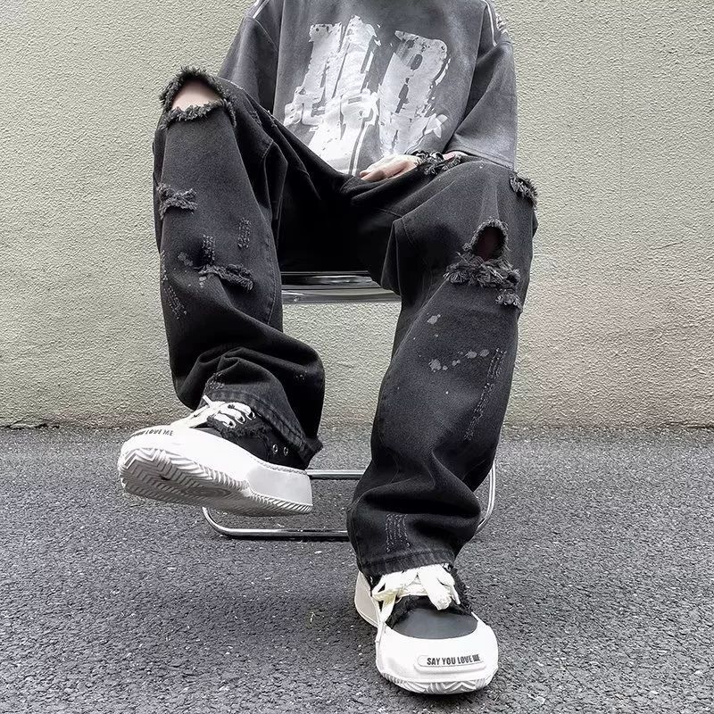 Men's Clothing Spring And Summer Ripped Raw Edge Washed Jeans High Street Fashion Hiphop Slim Straight Pants_mkmklike.com