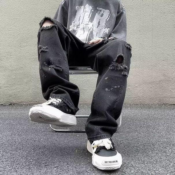 Men's Clothing Spring And Summer Ripped Raw Edge Washed Jeans High Street Fashion Hiphop Slim Straight Pants_mkmklike.com