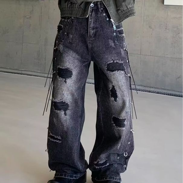 Vintage Washed Distressed Denim Jeans For Men, Loose Fit Straight Leg Baggy Trousers With Patch Details_mkmklike.com