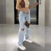 Women's Clothing Ripped Jeans Women's High Waist Straight Casual Pants Light Blue_mkmklike.com