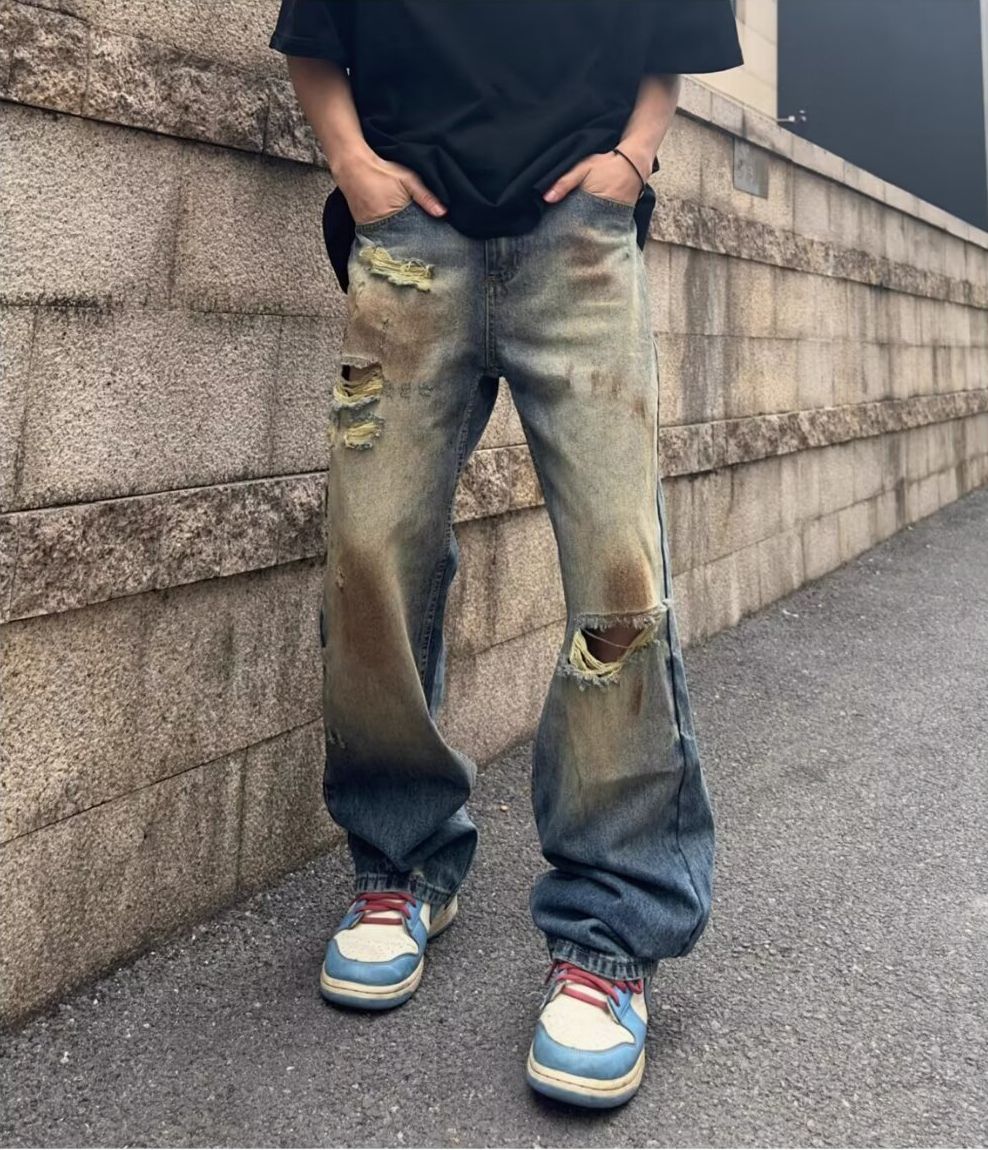 High-street Yellow Mud-dyed Distressed Jeans, Loose Straight Leg, Slimming, Drapey Trousers_mkmklike.com