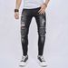 Men's Clothing New Men's Ripped Pants, Slim Fit, Elastic, Trendy Pants, Knee, Ripped Biker Jeans, Selfies_mkmklike.com