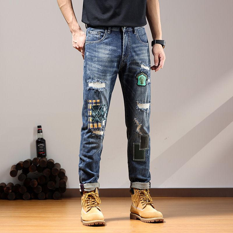 Trendy Patched Ripped Jeans For Men Stretchy Slim Fit Korean Style Fashionable Embroidered Trousers_mkmklike.com