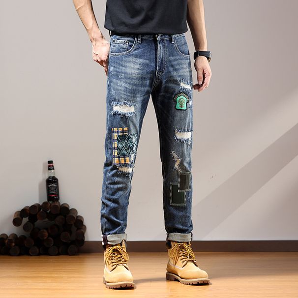 Trendy Patched Ripped Jeans For Men Stretchy Slim Fit Korean Style Fashionable Embroidered Trousers_mkmklike.com