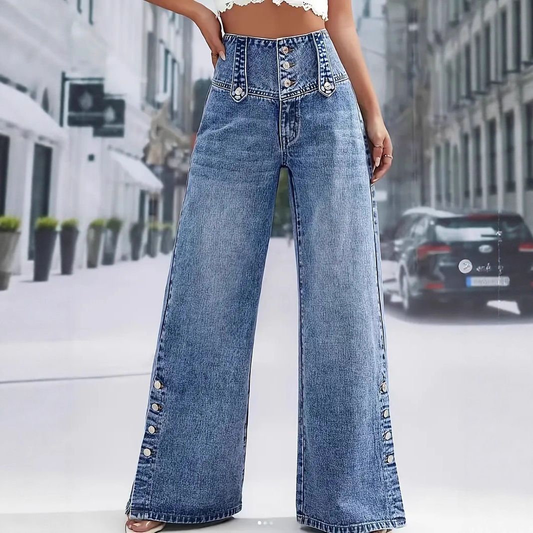 Women's High Waist Wide Leg Jeans Floral Print Slit Hem Retro Button Detail Spring Summer New Arrival Denim_mkmklike.com