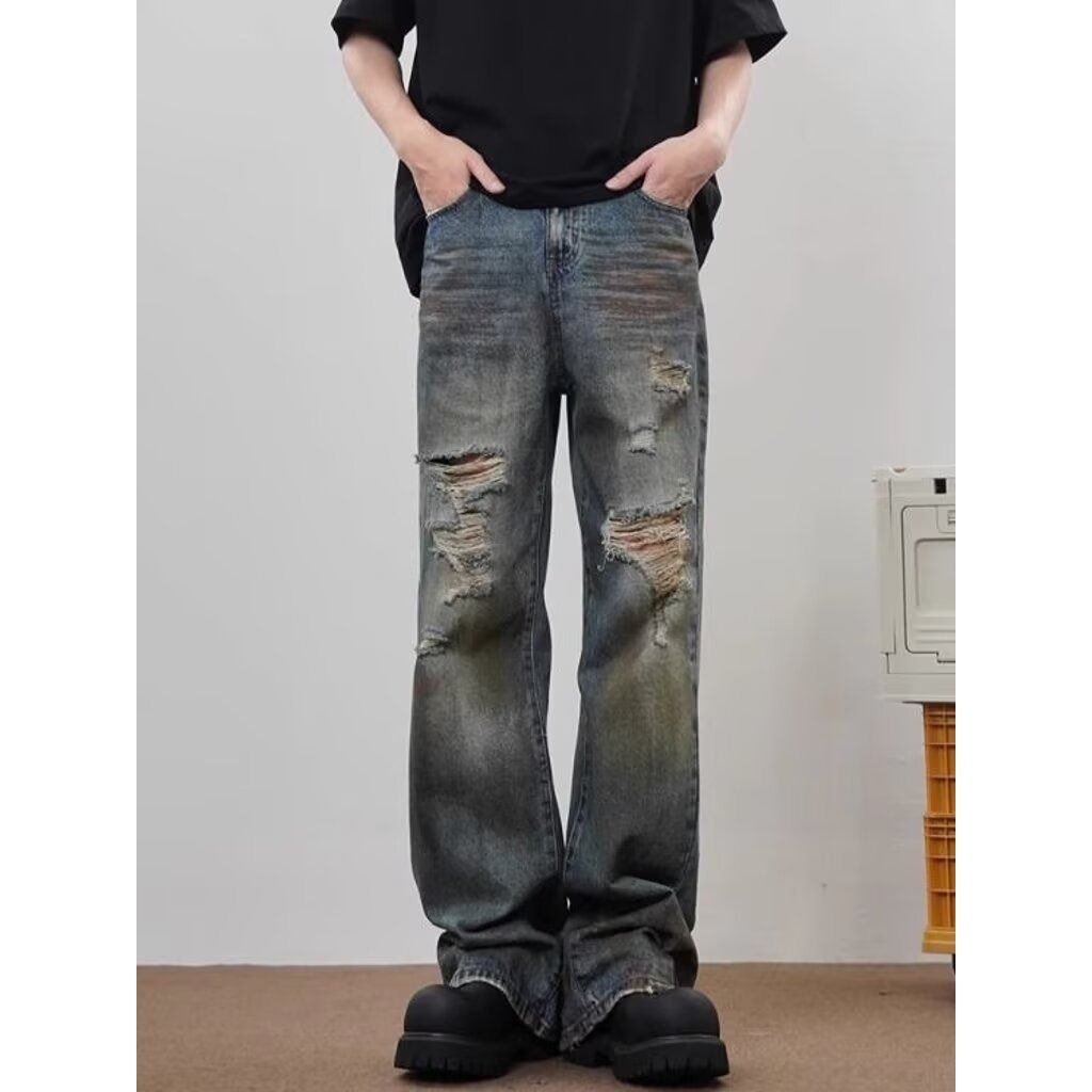 Men's Vintage Washed Distressed Jeans – Relaxed Straight Fit With Subtle Flare_mkmklike.com