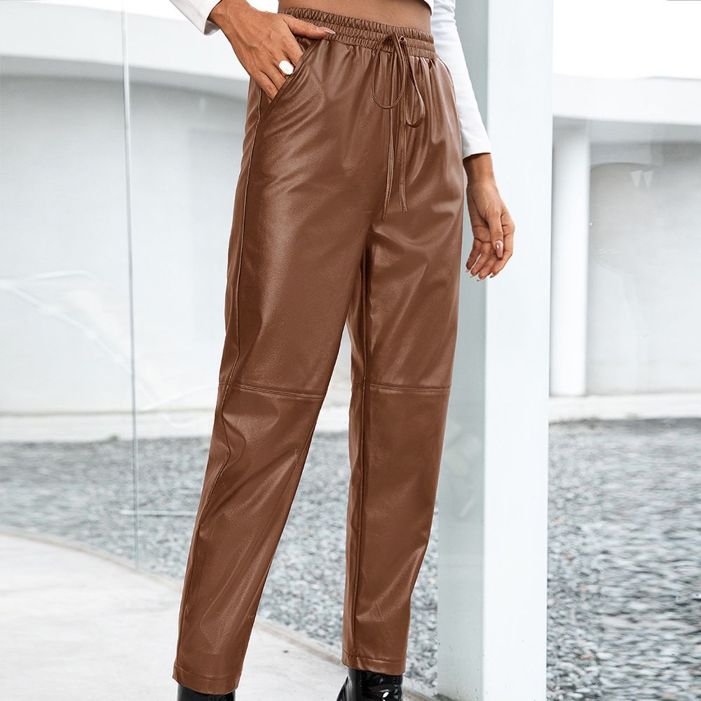 Women's casual loose motorcycle PU leather pants elastic leather pants_mkmklike.com