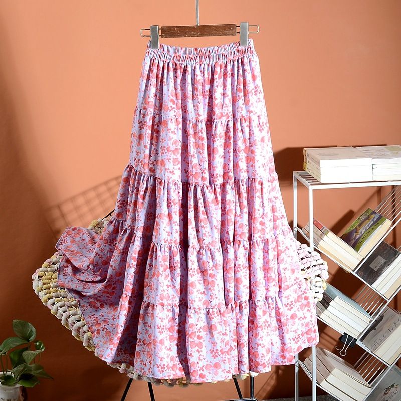 Women's new elastic splicing large swing long chiffon skirt long skirt_mkmklike.com