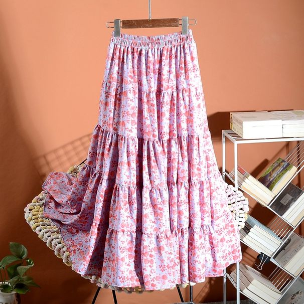 Women's new elastic splicing large swing long chiffon skirt long skirt_mkmklike.com