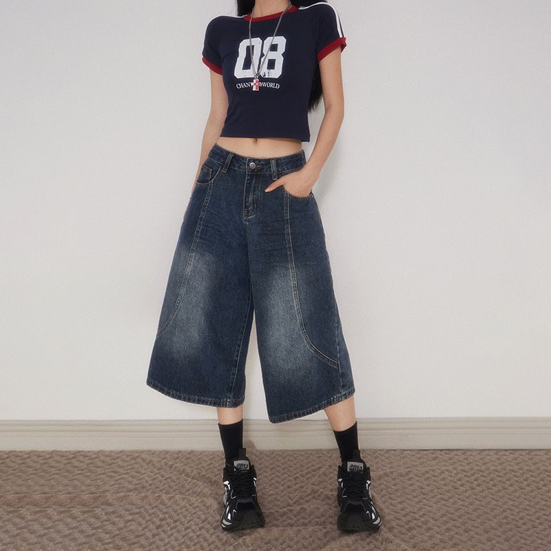 Vintage Relaxed Wide-Leg Cropped Jeans For Women - High Waist Distressed Denim Shorts With Casual Loose Fit_mkmklike.com