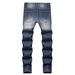 Men's Straight Fit Distressed Denim Jeans - Classic Blue Washed Cotton Trousers For Casual Wear_mkmklike.com