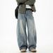 Split Structure Retro Washed Scimitar Jeans For Men, Autumn Style, Trendy Brand, Loose Fit, Casual Straight Long Pants_mkmklike.com
