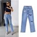 women's high waist slim straight denim trousers floor-length trousers ripped leg slits drape slightly flared trousers_mkmklike.com