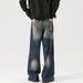 LKTM Men's Wear # Washed Pierced Jeans For Men And Women's Trendy High Street Dirty Straight Down Pants Ab6_mkmklike.com