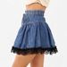 K Blue Elastic Waisted Denim Skirt A-line Skirt Lace Skirt Edge Anti Peeping Pants_mkmklike.com