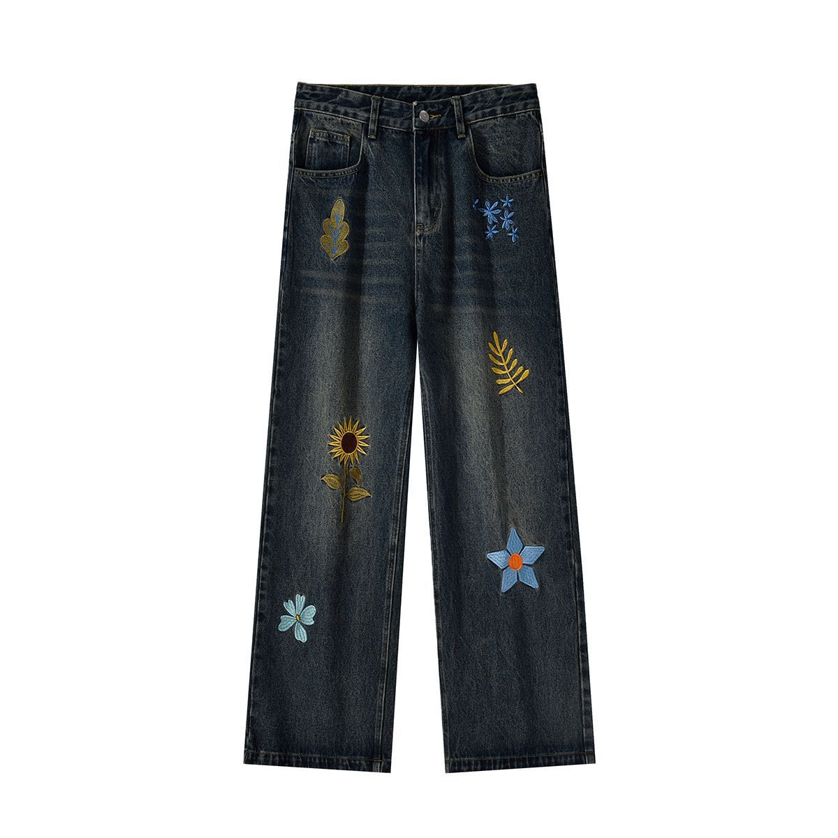 Men's Clothing Retro Design Flower Embroidered Jeans Spring And Autumn Straight Jeans_mkmklike.com