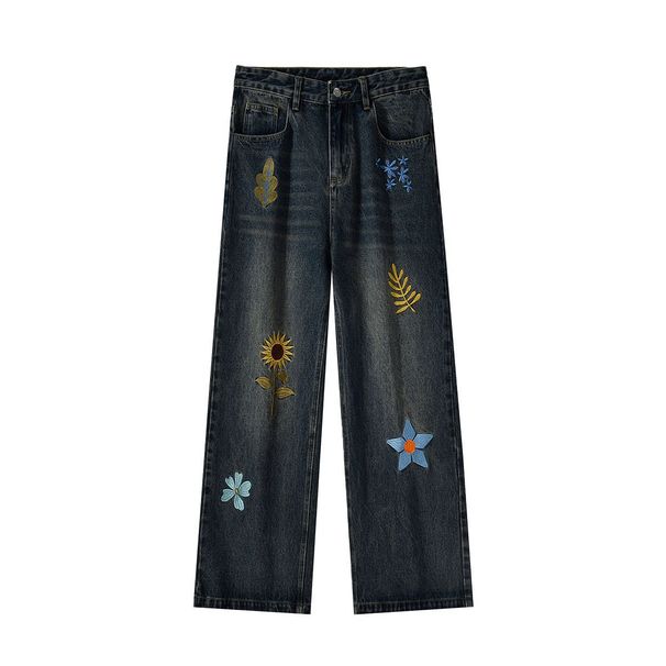 Men's Clothing Retro Design Flower Embroidered Jeans Spring And Autumn Straight Jeans_mkmklike.com