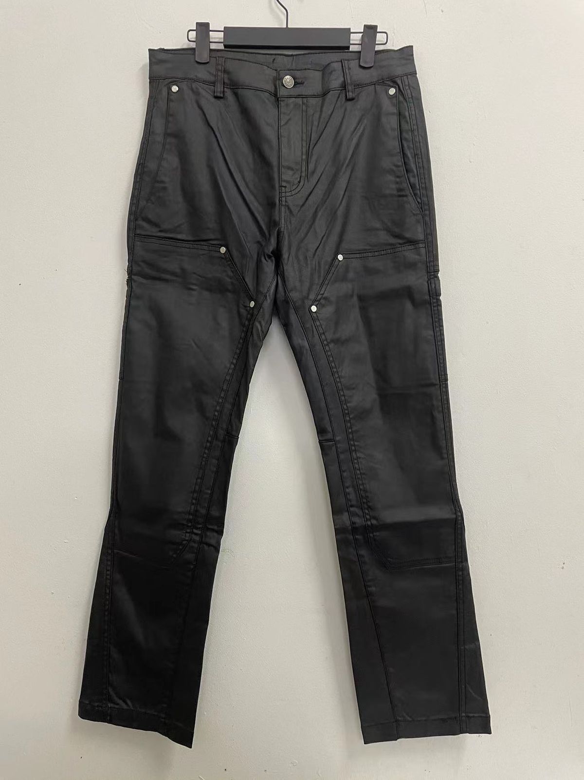 Streetwear Black Waxed Zip-Up Cargo Pants – High-Street Ins Trend Jeans, Slim Fit Stretch Trousers For Men & Women_mkmklike.com