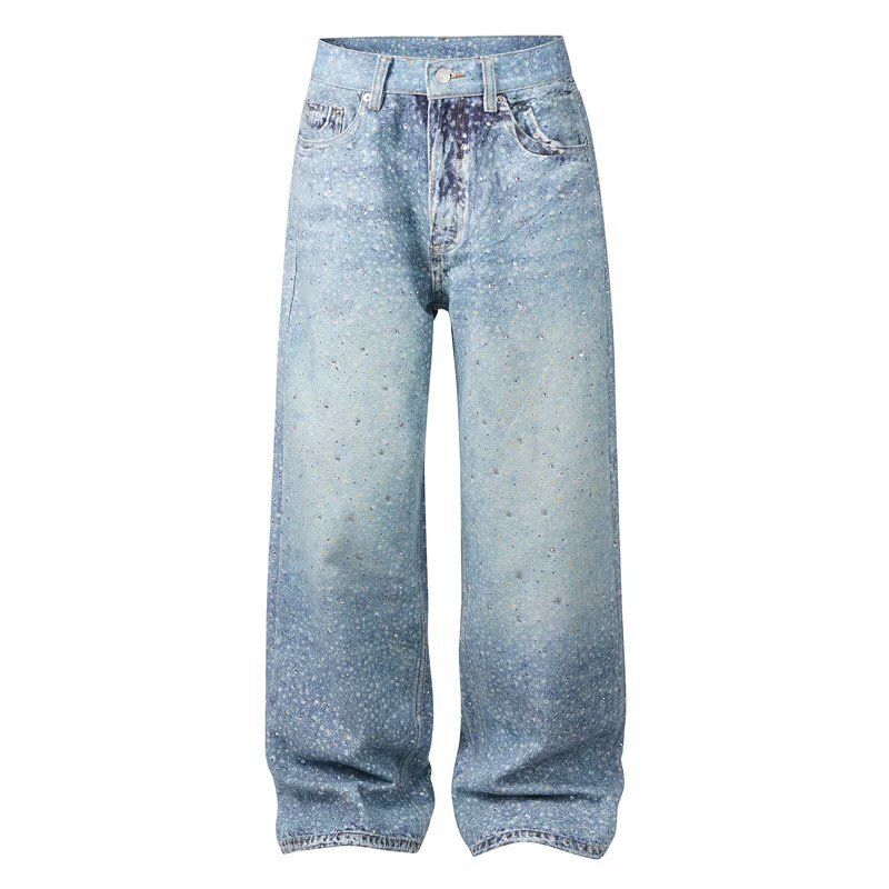 Men's Rhinestone Embellished Washed Jeans - Straight Leg Loose Fit Denim Pants For Casual Wear_mkmklike.com