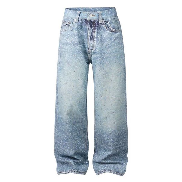 Men's Rhinestone Embellished Washed Jeans - Straight Leg Loose Fit Denim Pants For Casual Wear_mkmklike.com