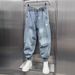 Harlan Tied Jeans Men's Loose American High Street Pants Trendy Versatile Ruffian Handsome Splicing Nine-point Casual Men's Pants_mkmklike.com